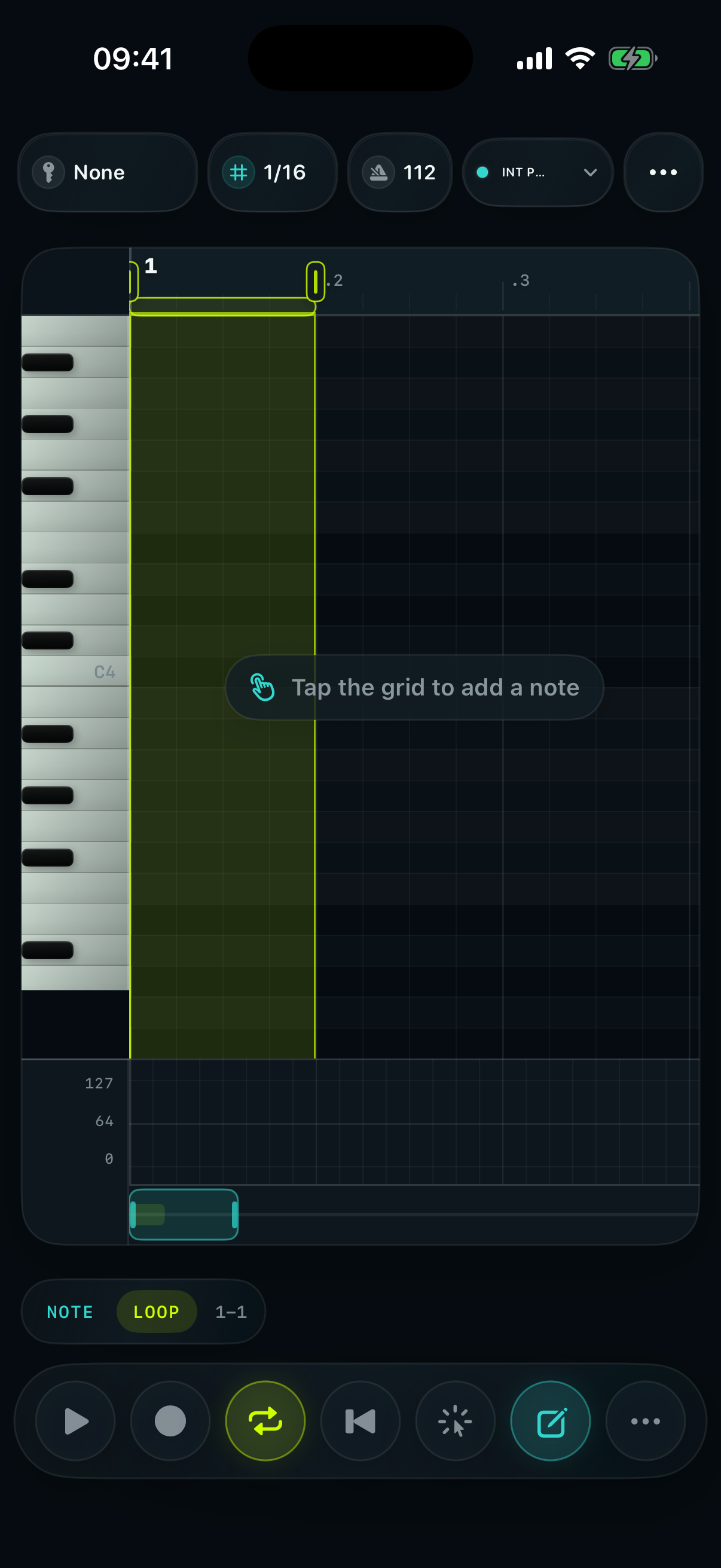 Riffpad editor showing the dark piano roll grid, teal notes, velocity lane, and transport controls